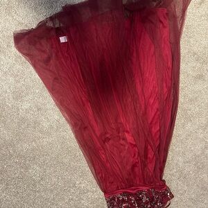 Burgundy Tulle Evening Gown with Embellished Waist